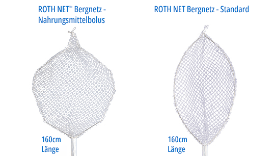 Roth Net Nahrungsmittelbolus  und Roth Net Standard Bergnetz Seite an Seite. Beide haben eine Länge von 160. 