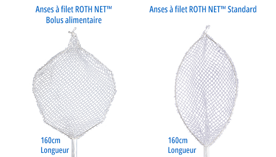 L’extracteur ROTH NET de bolus alimentaire et l’extracteur standard ROTH NET sont côte à côte. Les deux mesurent 160 cm de long.