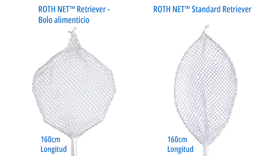 El recuperador Roth Net para bolos de comida y el recuperador Roth Net estándar están uno al lado del otro. Ambos tienen 160 cm de largo